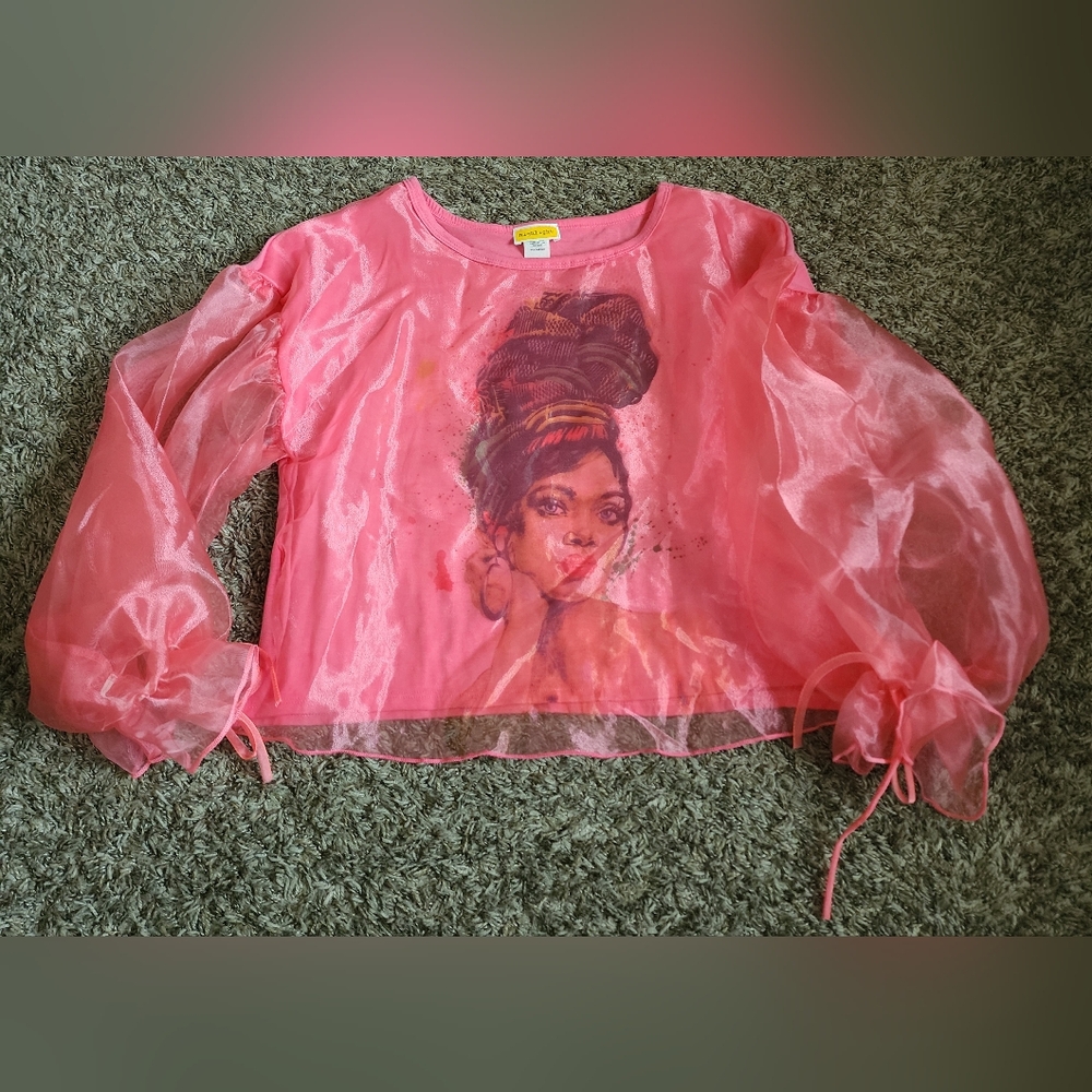 Highlight Pink Graphic Sheer Balloon Sleeves Pullover Top Women's L